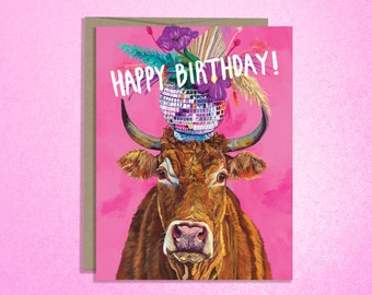 Carte d'anniversaire boule disco, taureau disco, fleurs boule disco, esthétique rose