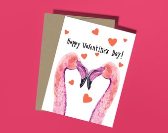 Pretty flamingo valentines card - pink and red card - hearts greeting card- valentines day card - love - beautiful valentine's card
