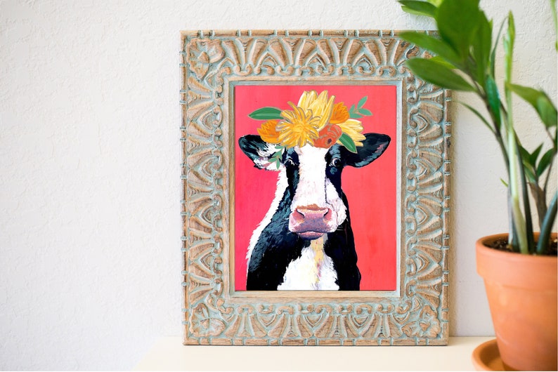 Cow Art Print, Cow with bright background, Modern Farm Art, Farm Art, modern farmhouse, cow painting, cow wall art image 1