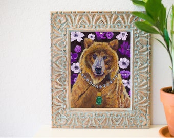 Beautiful bear art, bear Art Print, floral art decor, eclectic animal art, pretty bear painting, black and purple