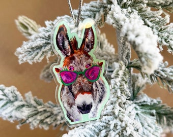 Burro Christmas Ornament, Acrylic donkey ornament, Cute donkey decor, acrylic charm, handmade ornament, bright and cheery