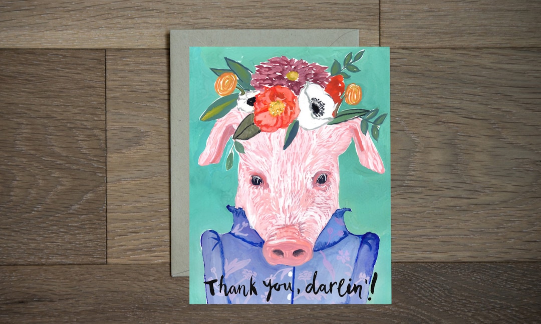 Pig Thank You Card, Pig Greeting Card, Cute Pig Thank You, Floral Pig