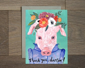 Pig thank you card, pig greeting card, cute pig thank you, floral pig greeting card