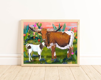 Mom and baby longhorn art, Longhorn family art, southwest art, cacti home decor, longhorn and flowers, Texas art