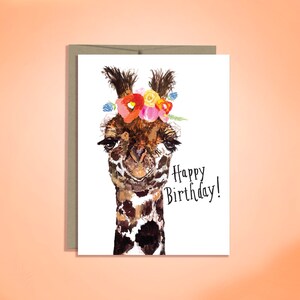 Happy Birthday card - giraffe card - illustration - flower art - hand lettering
