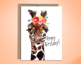 Happy Birthday card - giraffe card - illustration - flower art - hand lettering