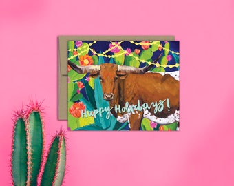 Box set of 6 Longhorn Christmas cards, Texas Christmas, Cactus holiday greetings, Greetings from Texas, Longhorn gifts