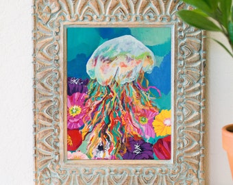 Ocean jellyfish art, ocean life, pretty jellyfish art, acrylic painting,  home decor, funky home decor, ocean decor