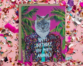 Fancy Cat Birthday Card - Bejeweled Cat - Cat in Sequins - fabulous birthday card