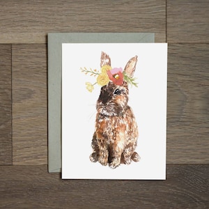 Carte de lapin de Pâques, lapin carte de voeux, carte de Pâques, lapin en couronne de fleurs, idées cadeaux de Pâques corbeille
