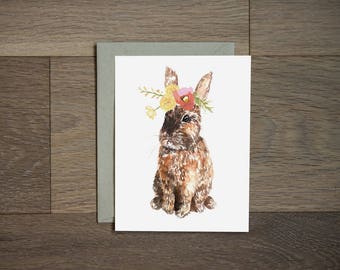 Easter Bunny card, Bunny greeting card, Easter card, Bunny in flower crown, Easter basket gift ideas