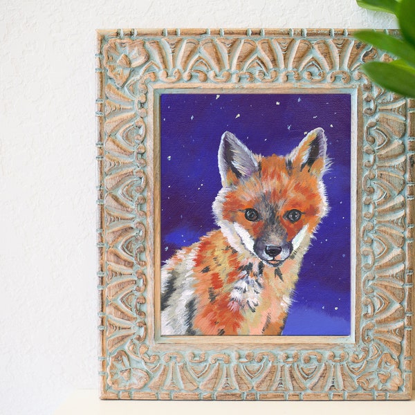 8 x 10 Baby Fox print, cute fox art print, Starry night art, Cute fox art print, night sky art print
