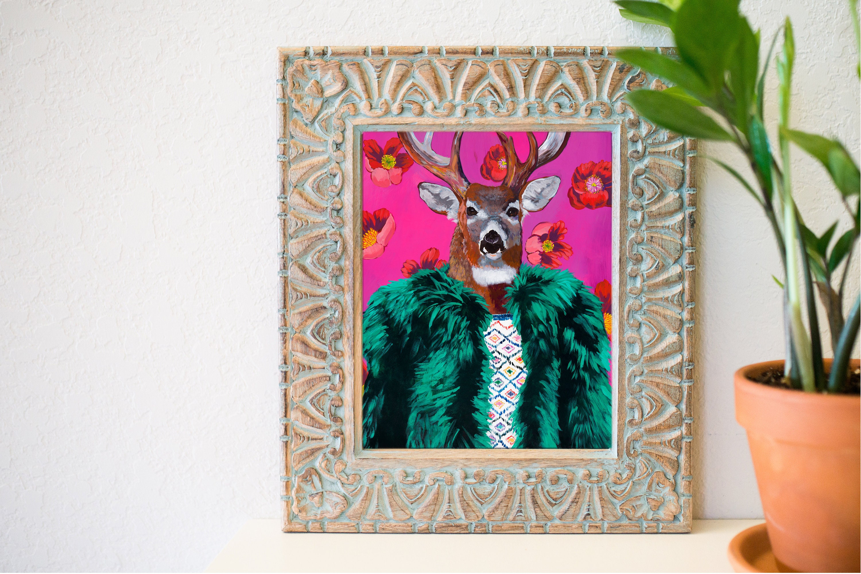 Buck art print, fabulous buck art print, 8 x 10, Boho deer art print, Eclectic decor, Fashion Art Decor, Animal wearing clothes, stag art
