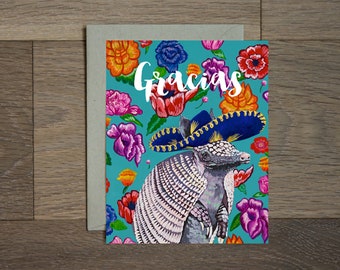 Gracias greeting card, armadillo greeting card, armadillo thank you, Floral greeting card