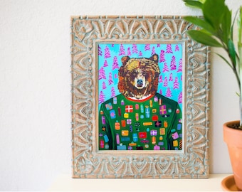 Christmas bear home decor, bear decor, 8 x 10, holiday bear art, holiday Wall Art, Fashion Art Decor Ideas, Animal wearing clothes