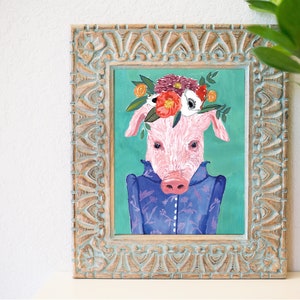 Pig in flower crown, Pig art print, Pig painting, Funny pig painting, Flower art image 1