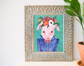 Pig in flower crown, Pig art print, Pig painting, Funny pig painting, Flower art