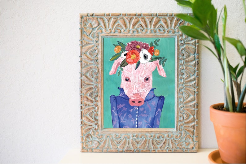 Pig in flower crown, Pig art print, Pig painting, Funny pig painting, Flower art image 1