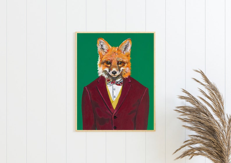 Dapper fox art print, handsome fox art, 8 x 10, fox artwork, Eclectic Wall Art, Dapper Fashion Art, Animal wearing clothes, masculine image 3