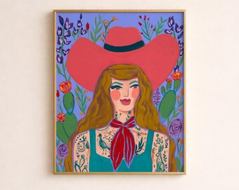 Kunstdruck „Cowgirl mit Blaubonon-Motiv“ | Western-Wandkunst | Farbenfrohe Cowgirl-Deko | Tattoo-Cowgirl-Kunst