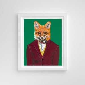 Dapper fox art print, handsome fox art, 8 x 10, fox artwork, Eclectic Wall Art, Dapper Fashion Art, Animal wearing clothes, masculine image 1