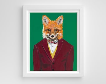 Dapper fox art print, handsome fox art, 8 x 10, fox artwork, Eclectic Wall Art, Dapper Fashion Art, Animal wearing clothes, masculine