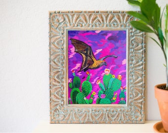 Southwest bat art, bat Art Print, Southwest Art Decor, Texas bat Art, bat painting, bats and cactus, bat sunset painting