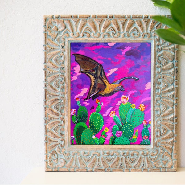 Southwest bat art, bat Art Print, Southwest Art Decor, Texas bat Art, bat painting, bats and cactus, bat sunset painting