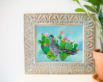 Roadrunner art print, roadrunner wall art, southwest art, cacti home decor, roadrunner and flowers, Texas art, southwest animals