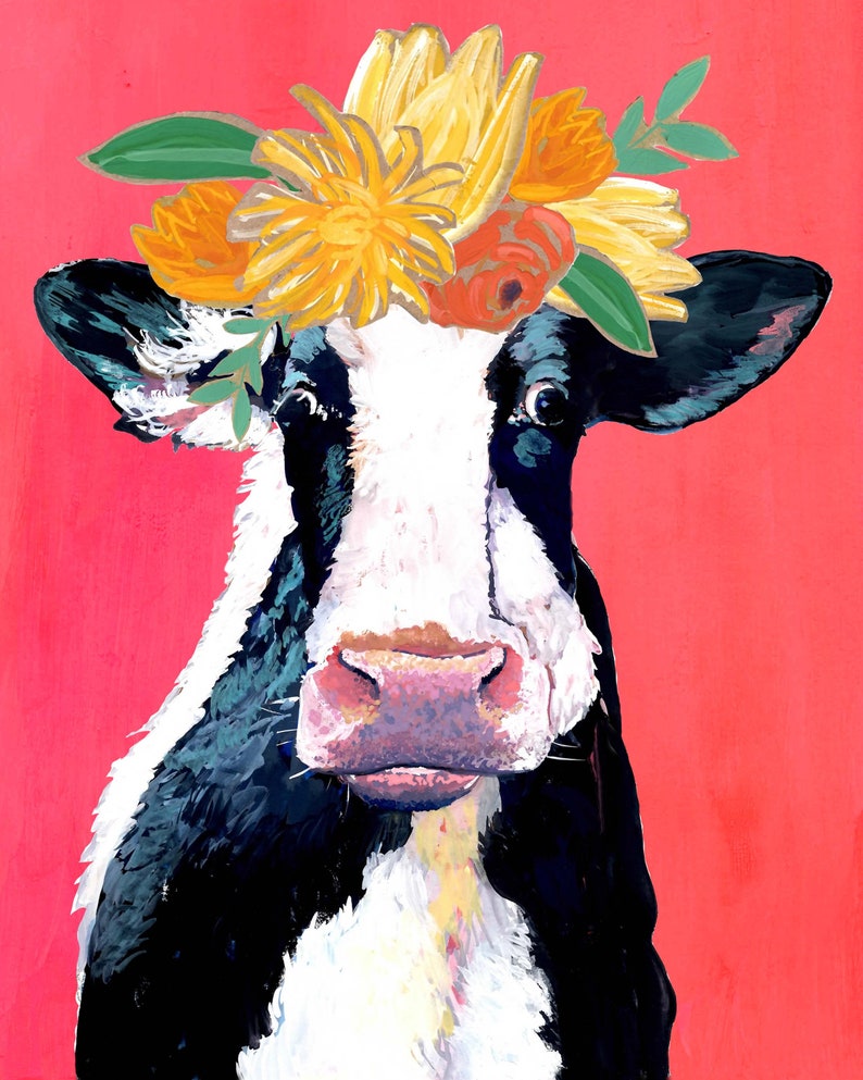 Cow Art Print, Cow with bright background, Modern Farm Art, Farm Art, modern farmhouse, cow painting, cow wall art image 2