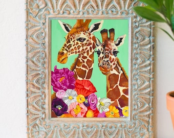 8 x 10 pretty giraffe print, giraffe art print, floral art ideas, giraffes, pretty floral art