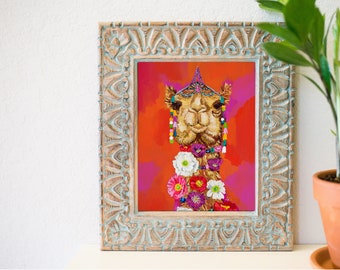 8 x 10 fabulous camel art, colorful camel art, pretty camel art print, bohemian art ideas, pretty floral art,