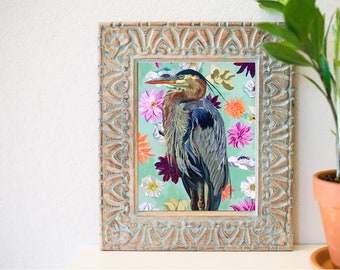 Beautiful blue heron, blue heron art, blue heron painting, coastal art, beach house art, bird paintings, floral art