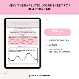 Puede incluir: Una hoja de trabajo PDF digital para el desamor, que se muestra en una tableta. El diseño rosa y blanco incluye el texto "NEW THERAPEUTIC WORKSHEET FOR HEARTBREAK!" y "DIGITAL PDF!". La hoja de trabajo tiene 4 páginas y está creada por un terapeuta certificado.