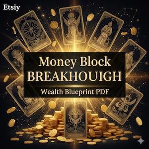 Puede incluir: Imagen digital con cartas del tarot con detalles dorados y el texto "Money Block BREAKTHROUGH Wealth Blueprint PDF". Monedas de oro y una luz brillante emanan del centro, creando un tema místico y financiero.