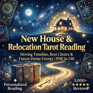 May include: An illustration for a tarot reading service. The image features a house on a hill under a starry night sky, with a winding path leading to it. Text reads "New House & Relocation Tarot Reading". A suitcase and key are in the foreground.