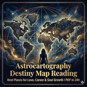 May include: An artistic digital illustration featuring a world map with celestial elements. The image includes a silhouette of a person, astrological symbols, and the text "Astrocartography Destiny Map Reading". The background has a cosmic theme with stars and nebulas.
