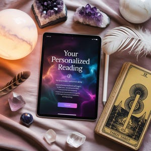 K&ouml;nnte beinhalten: Ein iPad zeigt "Your Personalized Reading" mit farbenfrohem Hintergrund. Das Bild enth&auml;lt Tarotkarten, Kristalle, eine Feder und einen Stift, was auf ein spirituelles oder Wahrsagethema hindeutet.