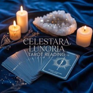 K&ouml;nnte beinhalten: Eine Tarotkarten-Leseszene mit einem Deck blauer Karten mit silbernen Akzenten, brennenden Kerzen und einer Geode auf einem dunkelblauen Samttuch. Der Text "CELESTARA, LUNORIA, TAROT READING" ist zu sehen.