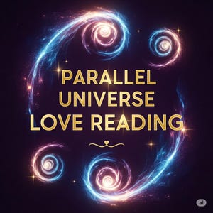 Peut inclure: Image numérique artistique avec le texte "PARALLEL UNIVERSE LOVE READING" en or. Le design présente des galaxies tourbillonnantes bleues, roses et violettes sur un fond violet foncé, avec des accents d'étoiles.