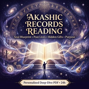 May include: A digital illustration featuring an open book with glowing light, titled AKASHIC RECORDS READING. Text includes Soul Blueprint, Past Lives, Hidden Gifts, Purpose, and Personalized Deep-Dive PDF 24h. The scene includes cosmic swirls, pyramids, a castle, and a compass.