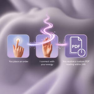 K&ouml;nnte beinhalten: Eine Illustration, die den Prozess des Erhalts einer benutzerdefinierten PDF-Lesung darstellt. Das Bild zeigt eine Hand, die einen Lichtpunkt ber&uuml;hrt, eine Hand mit Energielinien und ein PDF-Symbol mit einer Uhr, begleitet von Text.