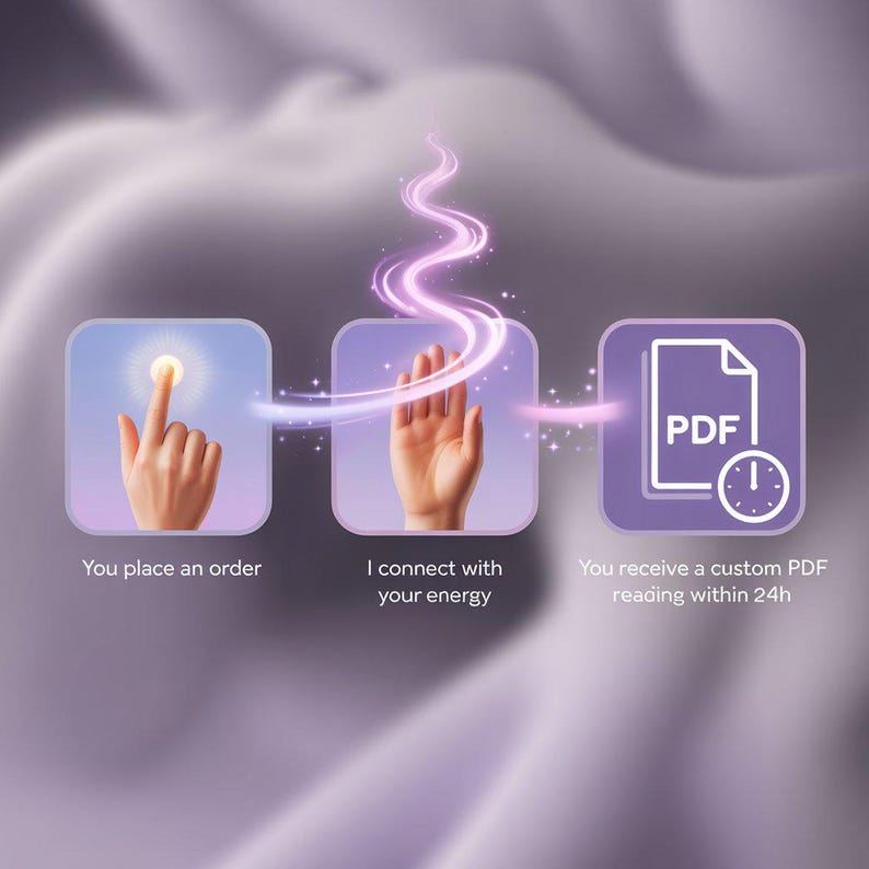 K&ouml;nnte beinhalten: Eine Illustration, die den Prozess des Erhalts einer benutzerdefinierten PDF-Lesung darstellt. Das Bild zeigt eine Hand, die einen Lichtpunkt ber&uuml;hrt, eine Hand mit Energielinien und ein PDF-Symbol mit einer Uhr, begleitet von Text.