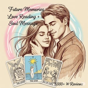 May include: Illustration of a couple embracing, with three tarot cards in the foreground. The cards are labeled "The Lover", "The Star", and "Six of Cups". Text at the top reads "Future Memories Love Reading + Soul Message". The image includes the text "5,000+ Reviews".