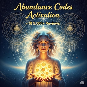 May include: Digital art featuring a woman with closed eyes, holding glowing gold coins. The image has a celestial theme with geometric patterns and the text "Abundance Codes Activation" in gold lettering. The background is a gradient of blues and golds.