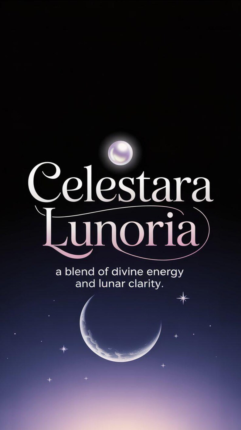 K&ouml;nnte beinhalten: Ein Bild mit dem Text "Celestara Lunoria" in wei&szlig;er und rosa Schrift. Das Bild zeigt eine perlenartige Kugel oben, einen Halbmond und Sterne vor einem violett-schwarzen Farbverlauf. Der Text darunter lautet "eine Mischung aus g&ouml;ttlicher Energie und Mondklarheit."