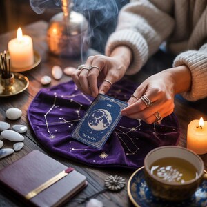 K&ouml;nnte beinhalten: Eine Tarotkarten-Szene mit einer Karte, die einen Vollmond zeigt, mit der Aufschrift "The Moon". Die Karte wird &uuml;ber einer lila Samtmatte mit Sternbildern gehalten. Kerzen, eine Teetasse und ein Notizbuch befinden sich auf dem Holztisch.