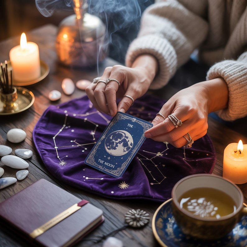 K&ouml;nnte beinhalten: Eine Tarotkarten-Szene mit einer Karte, die einen Vollmond zeigt, mit der Aufschrift "The Moon". Die Karte wird &uuml;ber einer lila Samtmatte mit Sternbildern gehalten. Kerzen, eine Teetasse und ein Notizbuch befinden sich auf dem Holztisch.