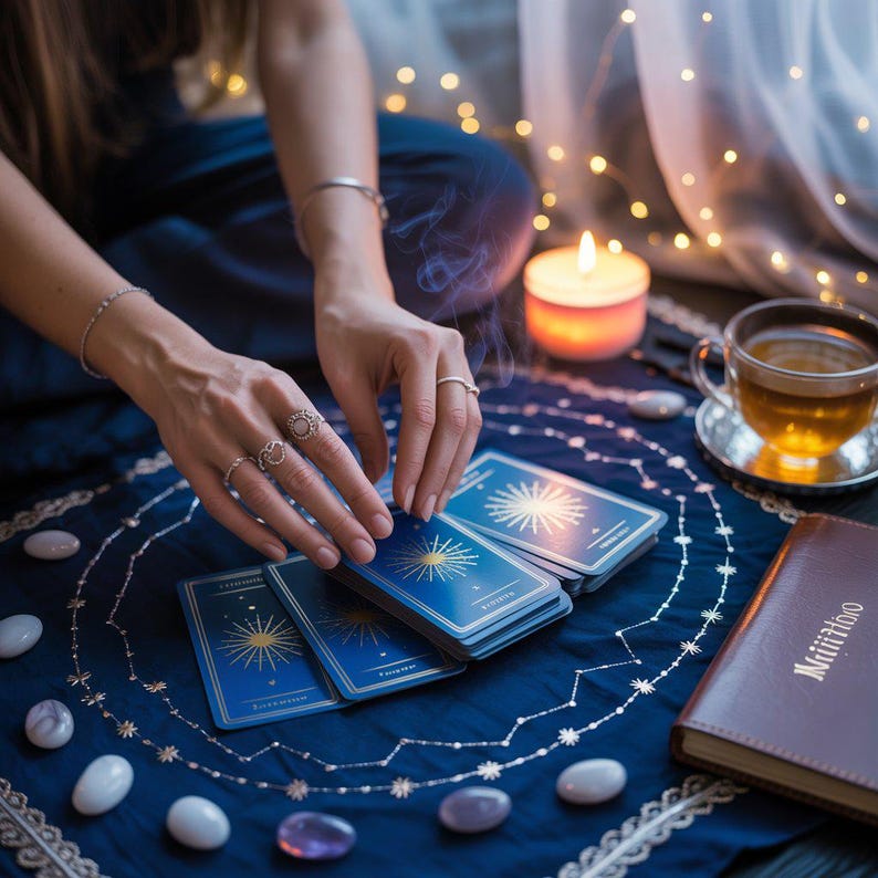 K&ouml;nnte beinhalten: Eine mystische Szene mit Tarotkarten mit einem Sonnenstrahl-Design, angeordnet auf einem dunkelblauen Tuch mit einem Sternbildmuster. Eine brennende Kerze, eine Tasse Tee und ein ledergebundenes Buch schaffen eine ruhige Atmosph&auml;re.