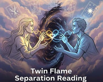 May include: Digital illustration of a man and woman reaching towards each other, with glowing heart-shaped energy between them. The image includes tarot cards and the text "Twin Flame Separation Reading" with a star and review count.